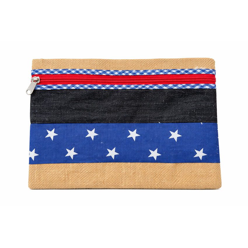 TREFOIL A5 HESSIAN AND DENIM ZIPPER BAG BLUE