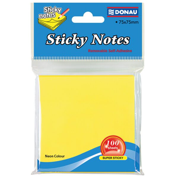 DONAU STICKY NOTES PAD 75 X 75 NEON YELLOW 100 SHEETS