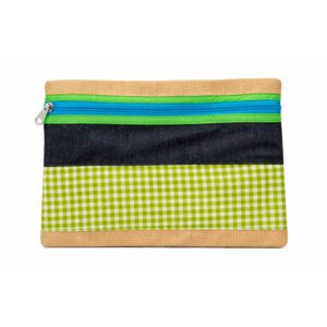 TREFOIL A5 HESSIAN AND DENIM ZIPPER BAG GREEN CHECK
