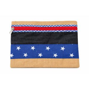 TREFOIL A5 HESSIAN AND DENIM ZIPPER BAG BLUE